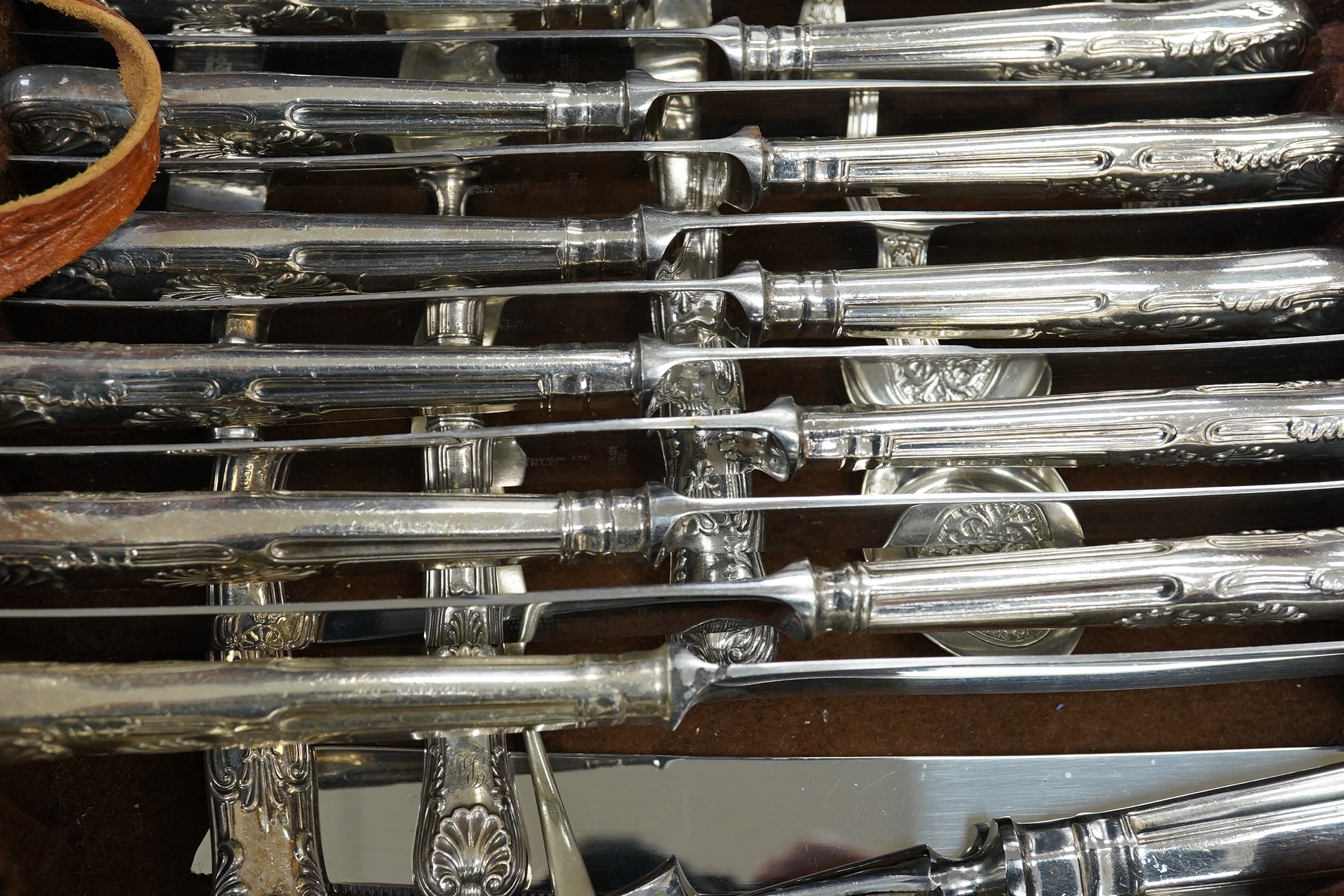 A mid 20th century comprehensive harlequin set of Kings pattern silver plated cutlery, mahogany cased, 90cm wide. Condition - fair to good